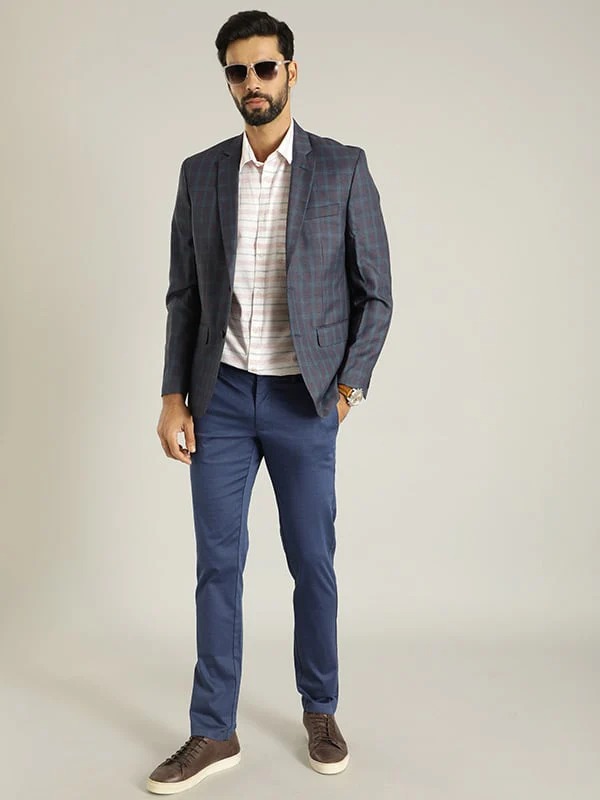 Indian Terrain Men's Slim Fit Self Design Blue Trousers